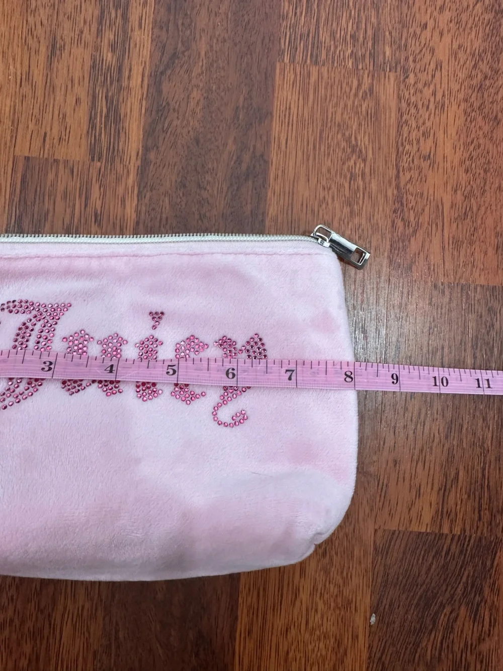 Juicy Couture Light Pink Plush Cosmetic Pouch with Rhinestone Logo